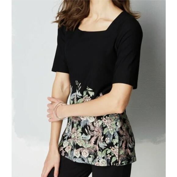 J. Jill Wearever Collection Floral Humming Bird Top Womens XL Black Tunic Tee - Picture 4 of 11